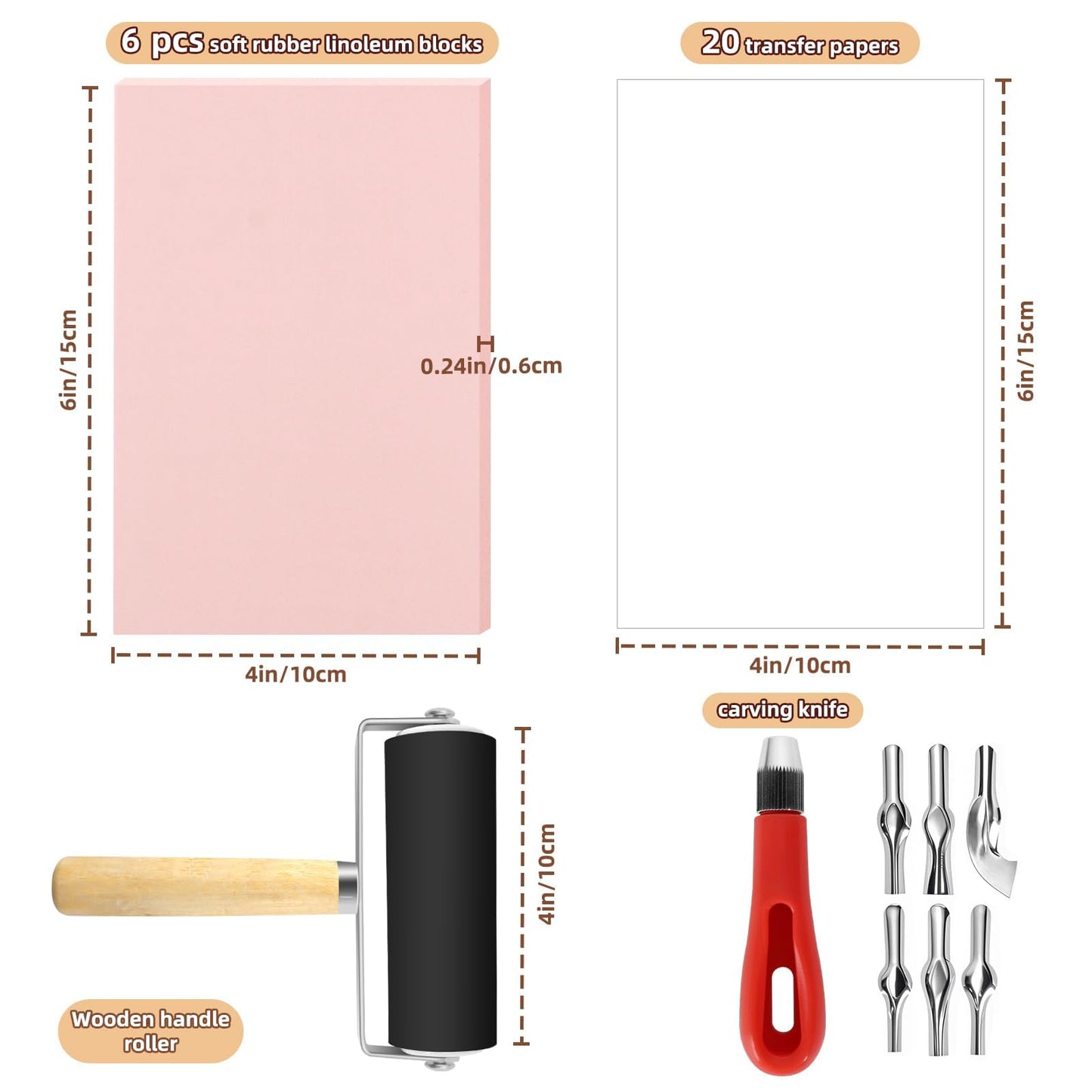 Oopsu Linocut Printmaking Kit - 6 PCS 4"x6" Soft Rubber Linoleum Blocks, Brayer & Carving Tools | Block Printing & Stamp Making Supplies for Beginners, Hobbyists & Artists