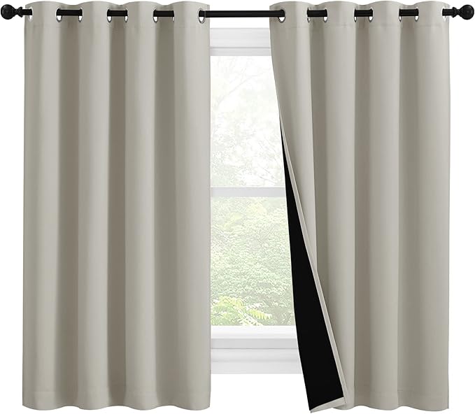NICETOWN 100% Blackout Curtains 57 inches Long, Double-Deck Completely Blackout Window Treatment Thermal Insulated Lined Drapes for Small Window (Natural, 1 Pair, 55 inches Width Each Panel)