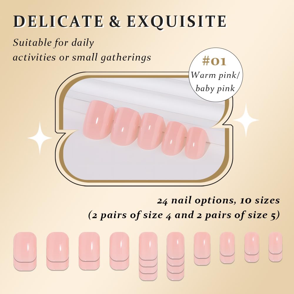 evpct Warm Pink Short Press on Nails Square, Glossy Soft Gel Acrylic Fake Press on Nails Manicure Kit, Reusable Artificial Stick on Nail for Women, Full Cover Easy Application Easy At-Home Salon