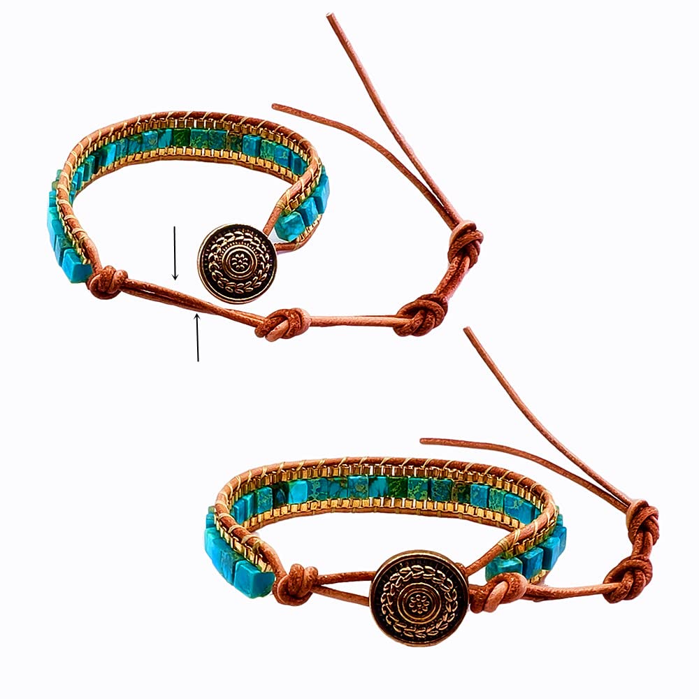 CJMILADO Mens Genuine Leather Bracelet - Handmade Adjustable Leather Cuff Bracelet punk Style leather wrap Wristband for Men (W-Turquoise Bead)
