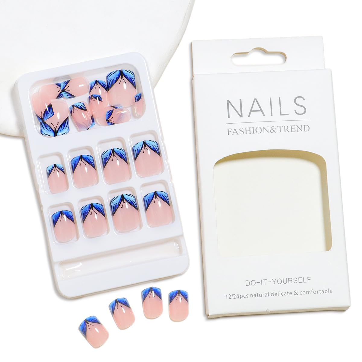 French Tip Press on Nails Short Square Fake Nails Blue Butterfly False Nails Spring Acrylic Nails Glossy Artificial Nails Press ons Glue on Nails for Women Girls Manicure Decoration 24Pcs
