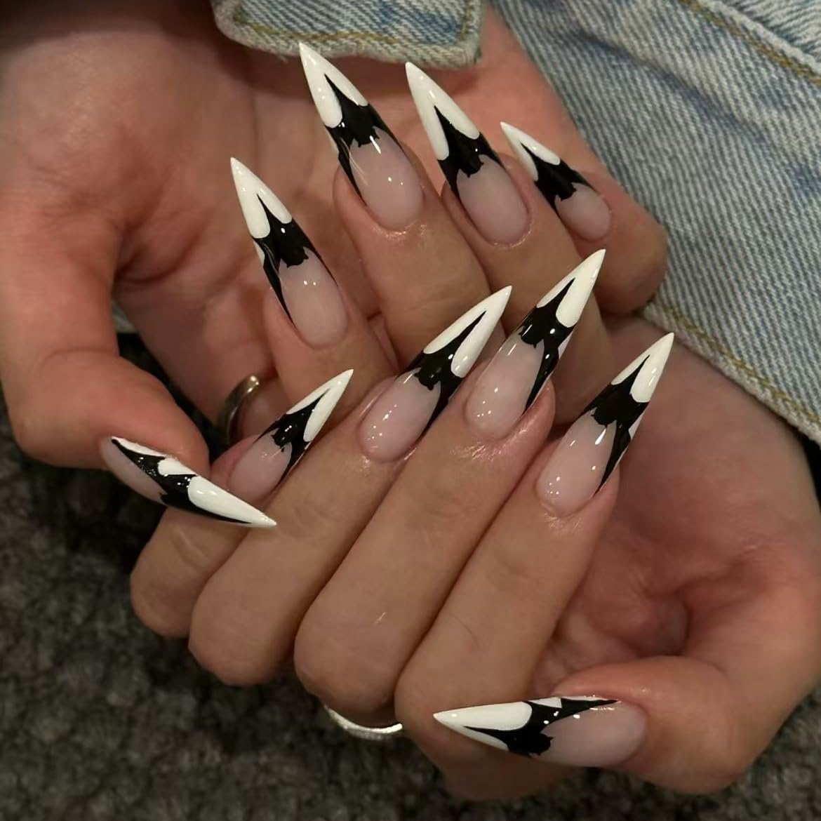 Handmade Press on Nails Bat Halloween Long Almond Fake Nails White French Tip Acrylic Glue on Nails Reusable Glossy Stick on Nails for Women (MT-156-M)