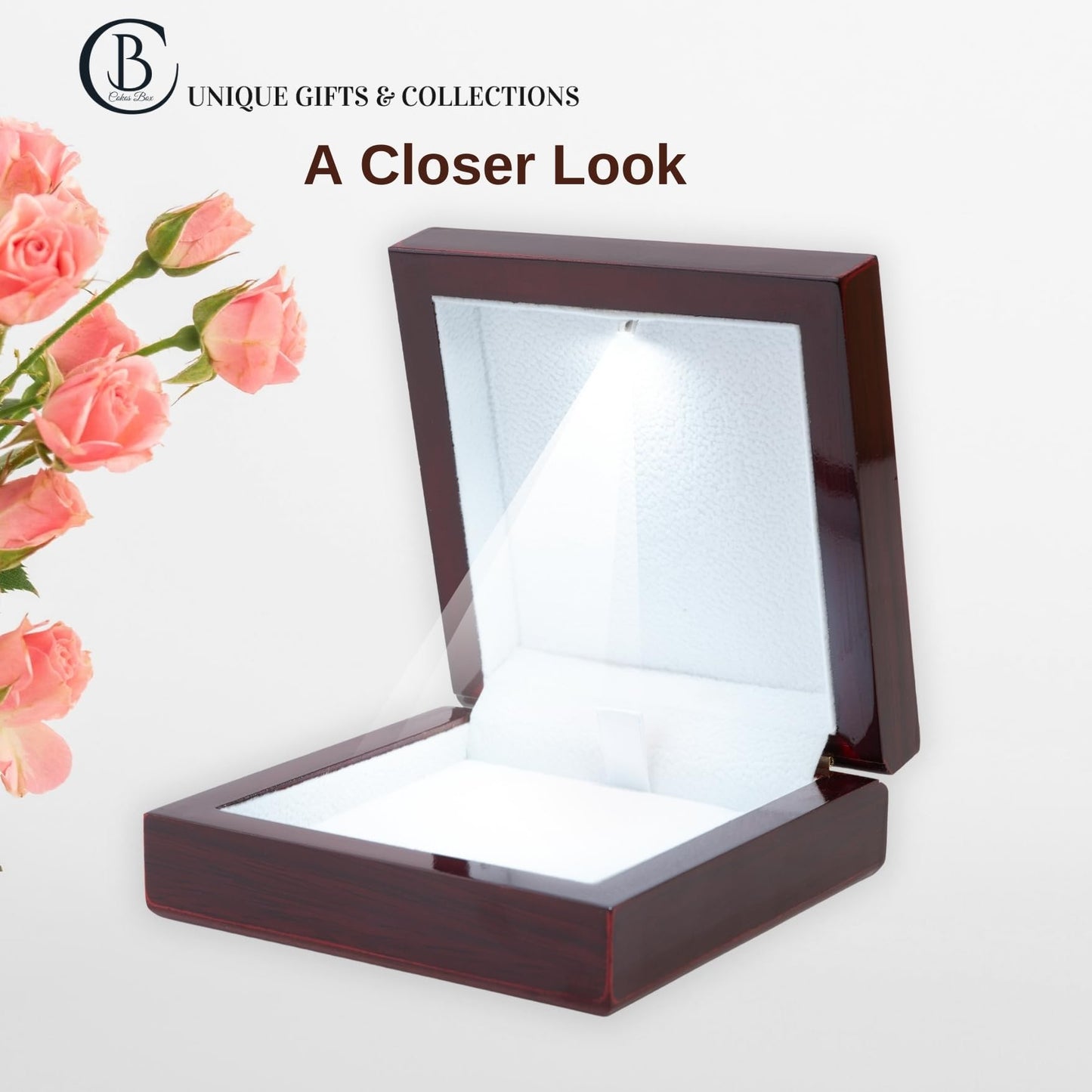 Necklace Box with LED Light – Small Jewelry Display Case for Bracelet, Earrings, or Chains – Luxury Lighted Wooden Presentation Box for Gifts, DIY Crafts, Mahogany, White Interior