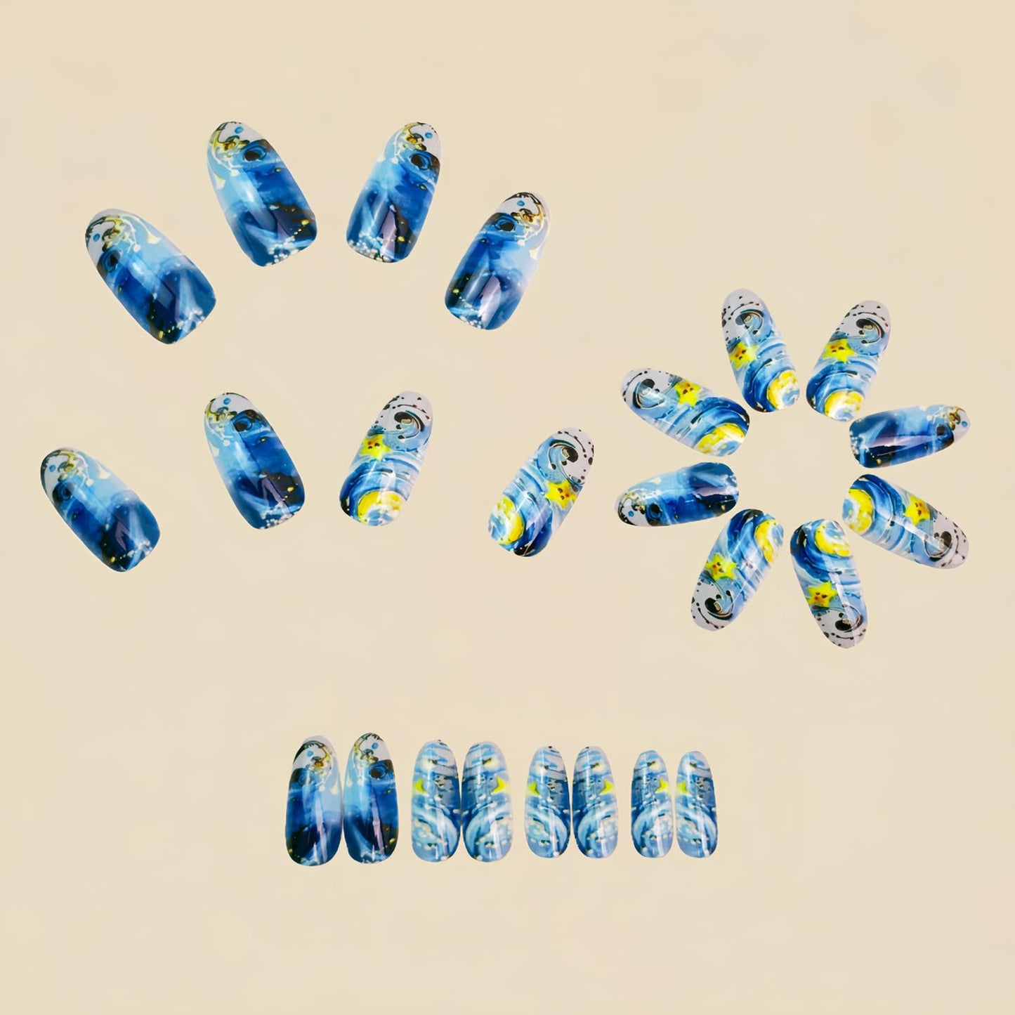 Blue Starry Sky Press on Nails Star Moon Fake Nails Long Oval Acrylic Glue on Nail Glossy Full Cover False Nail for Women