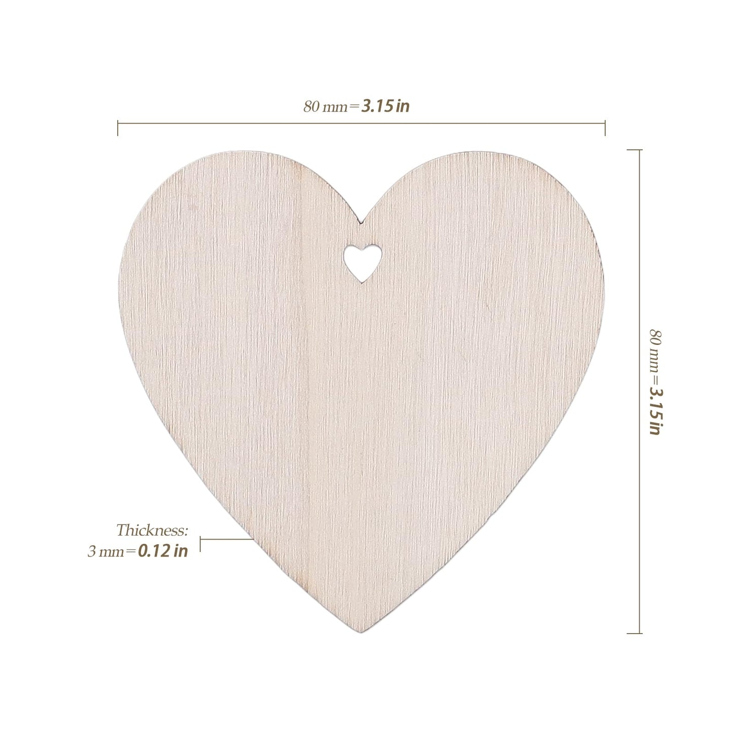 HEIHAK 180 Pieces 3 Inch Wooden Heart Slices, Unfinished Predrilled DIY Wooden Slices Embellishments with Jute Rope, Wood Hearts for Crafts for Valentine's Day, Wedding, Thanksgiving