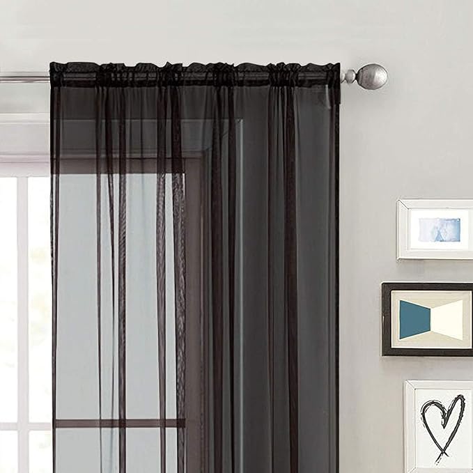 SpaceDresser Black Sheer Curtains 4 Panels Rod Pocket Semi-Sheer Curtain 96 Inches Long Light Filtering Voile Window Drapes for Bedroom Living Room Kitchen, Each 52W x 96L