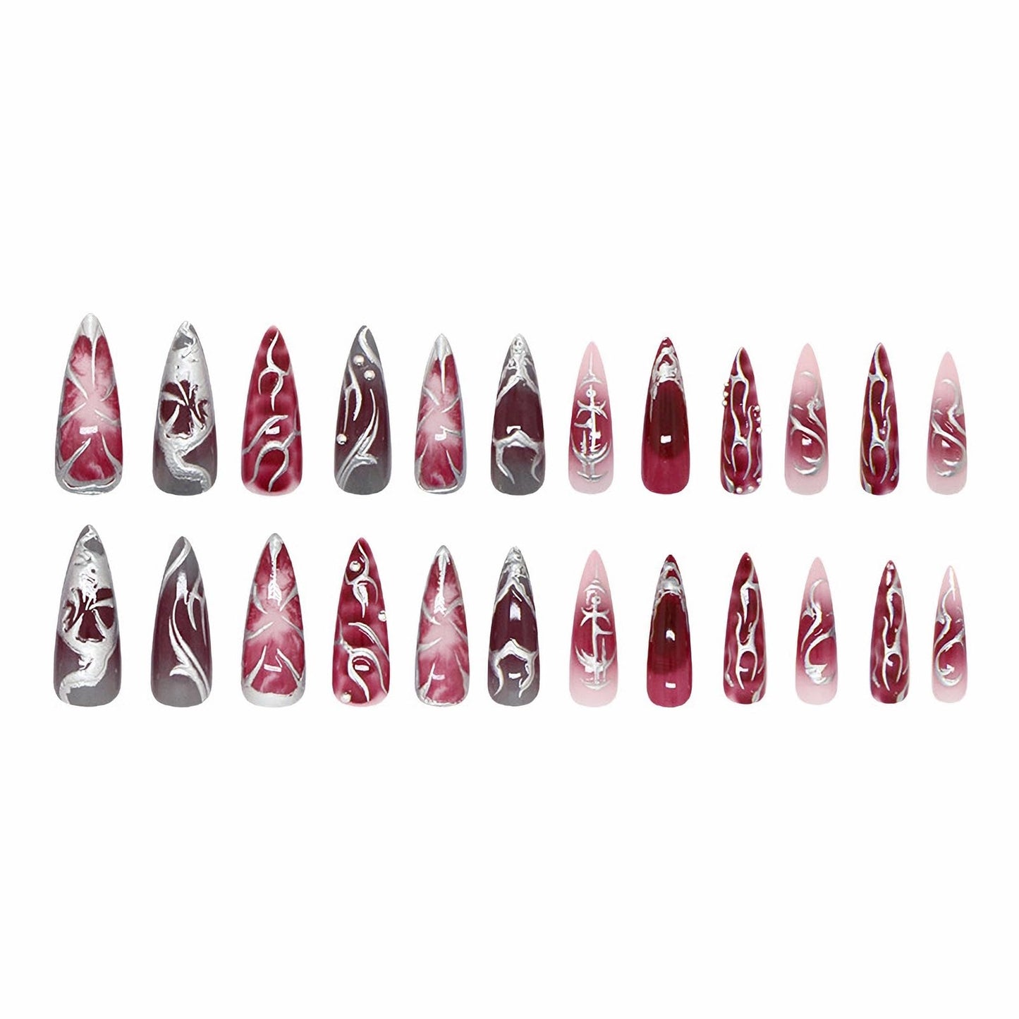 MISUD Press on Nails - Long Stiletto Fake Nails with Goth Red Gray, Acrylic Silver Chrome Design 24 pcs