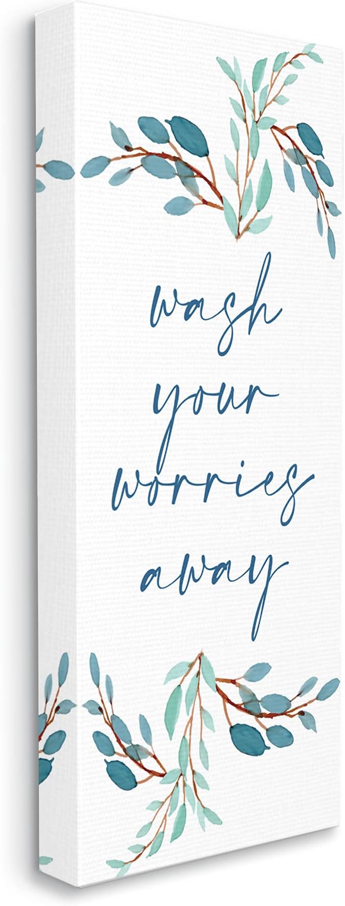 Stupell Industries Wash Your Worries Away Bathroom Phrase Blue Plants, Designed by Kim Allen Canvas Wall Art, 13 x 30