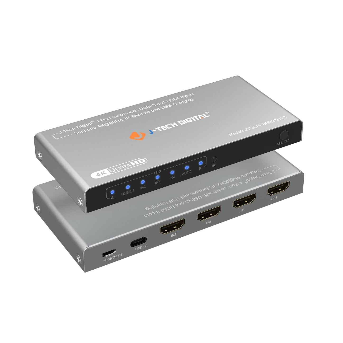 J-Tech Digital 4K 60Hz 4x1 HDMI & USB-C Switch | 3 HDMI + 1 USB-C Input, 1 HDMI Output | Compatible w/HDR & Dolby Vision | IR Remote, Auto Switch, CEC, Digital Audio [JTECH-4KSW3H1C]