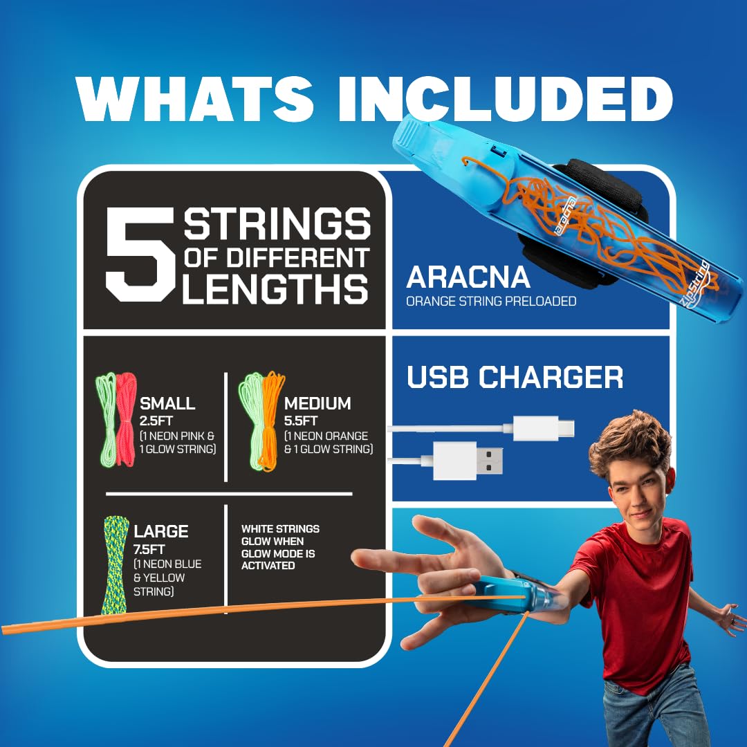 ZipString Aracna Glow-in-the-Dark Webshooter – Superhero String Launcher Toy for Kids, Teens & Adults – Patented, Reloading, Durable & Viral Web Shooting Action Toy for Endless Tricks & Epic Battles