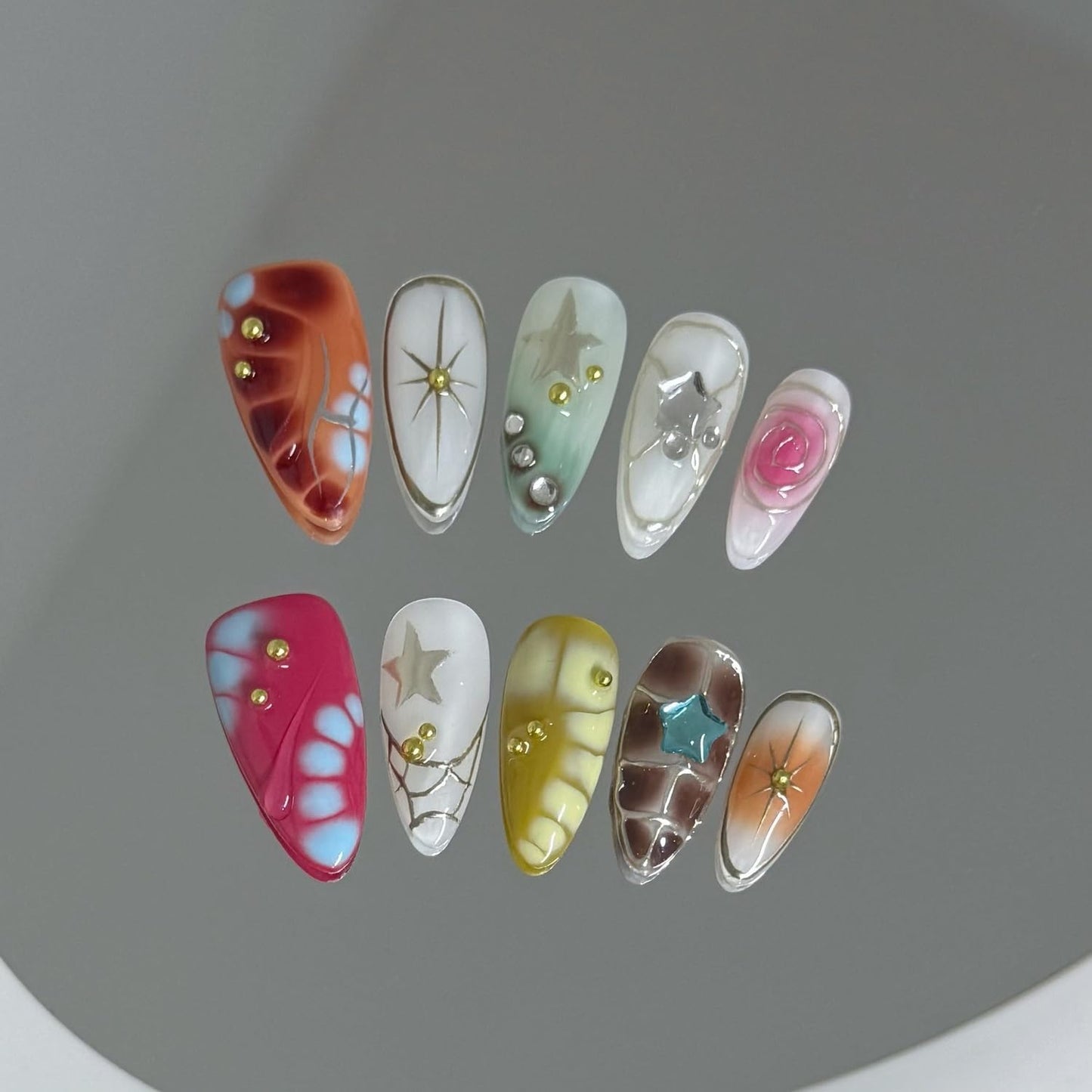 Luxury Press on Nails Medium Almond Handmade 3D Unique Reusable ABS Material Fake Nails Y2K Silver Curve Line False Nails with Designs Stars Art Glossy Glue on Nails Thick Acrylic Nails(M)