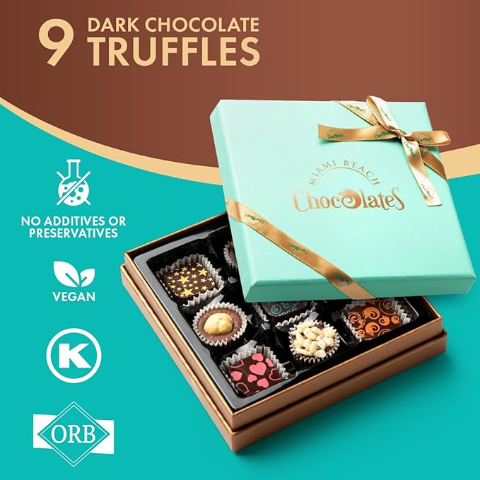 Vegan Dark Chocolate Truffles Gift Box, 9 Pieces of Chocolates Gift Box, Ultimate Assorted Chocolates for Birthdays, Holidays or Corporate Gifts, A Premium Kosher Chocolate Experience for Gifting