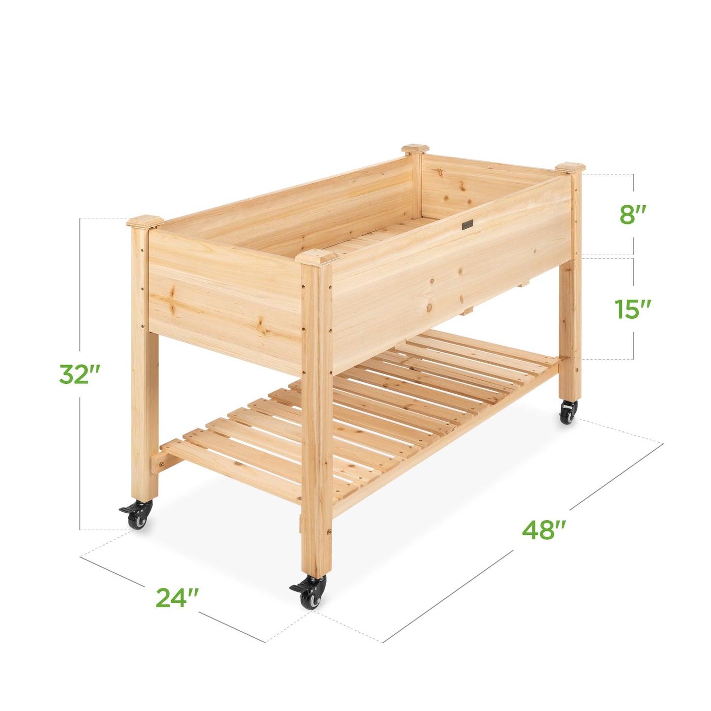 Best Choice Products Raised Garden Bed 48x24x32-inch Mobile Elevated Wood Planter w/Lockable Wheels, Storage Shelf, Protective Liner - Natural