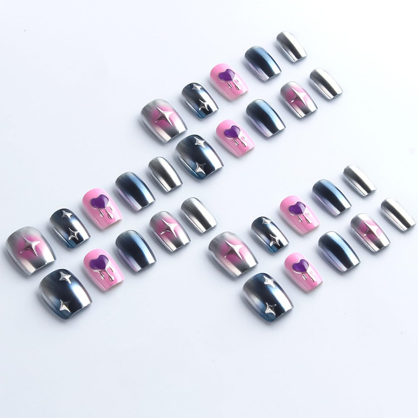 30Pcs Valentines Press on Nails Glossy Blue Aurora Powder Stick on Fingernails 3D Love Heart Acrylic Fake Nail Start Gel Glue on Nail Pink Gradient Short Square False Nails for Women Valentine's Gift