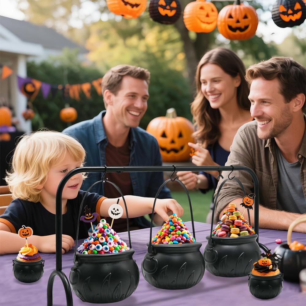 Halloween Cauldron Set with Rack - 3 Large & 6 Mini Black Plastic Flaming Cauldrons Candy Bowls for Indoor/Outdoor Hocus Pocus Party Decor, Witch Kitchen Serving & Haunted House Table Decorations