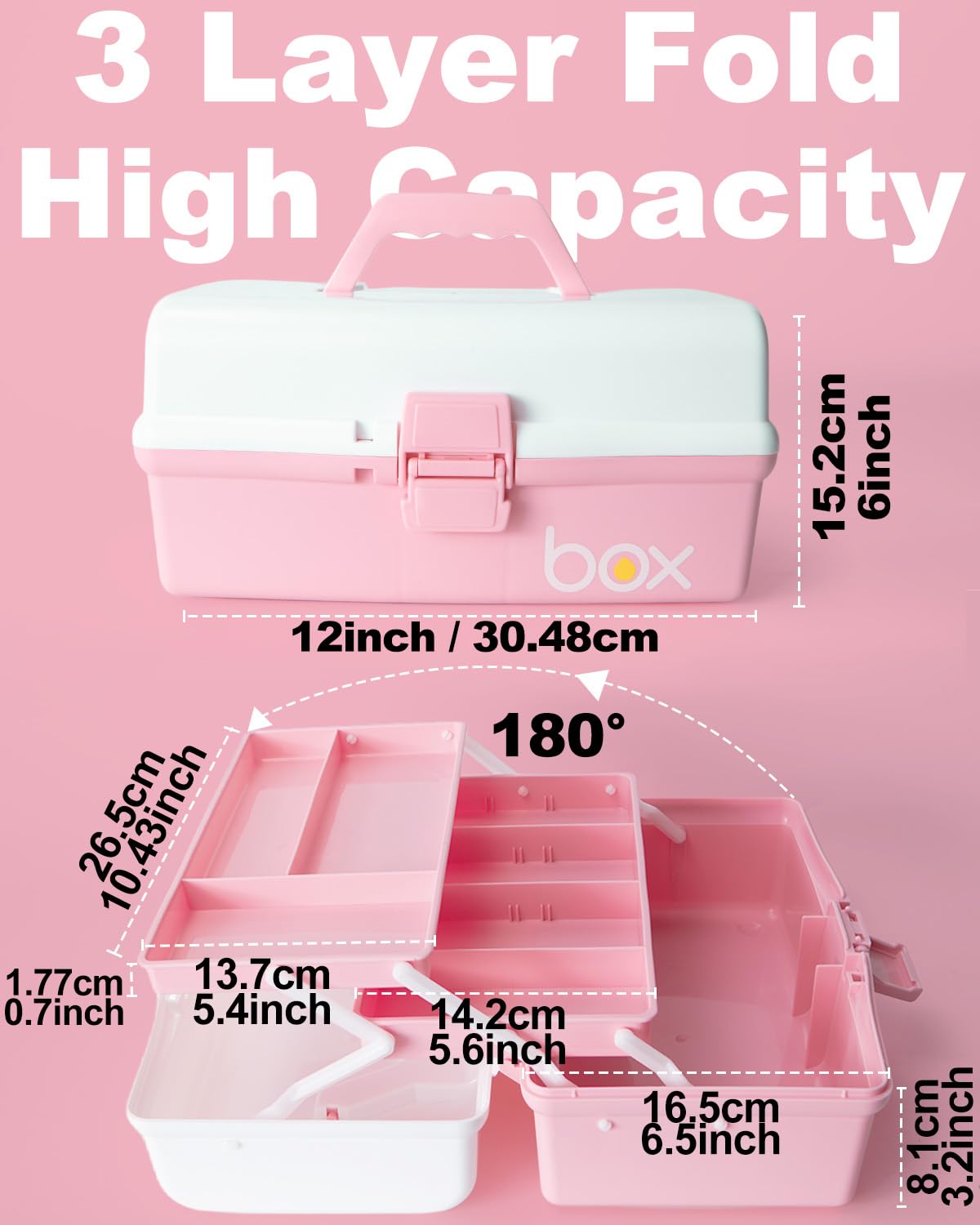 TERGOO 12in 3-Layer Plastic Craft Organizers and Storage, Portable Folding Tackle Box with Handle & Adjustable Dividers, Multipurpose Case for Sewing, Art Supplies, Medicine, Tools (White Pink)