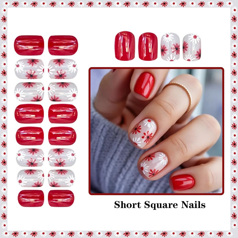 Flower Press on Nails Short Square Fake Nails with Red Floral Design Glossy Red Glue on Nails White Daisy Nails Press ons Reusable Full Cover Spring Summer Acrylic Nails for Women Manicure 24Pcs