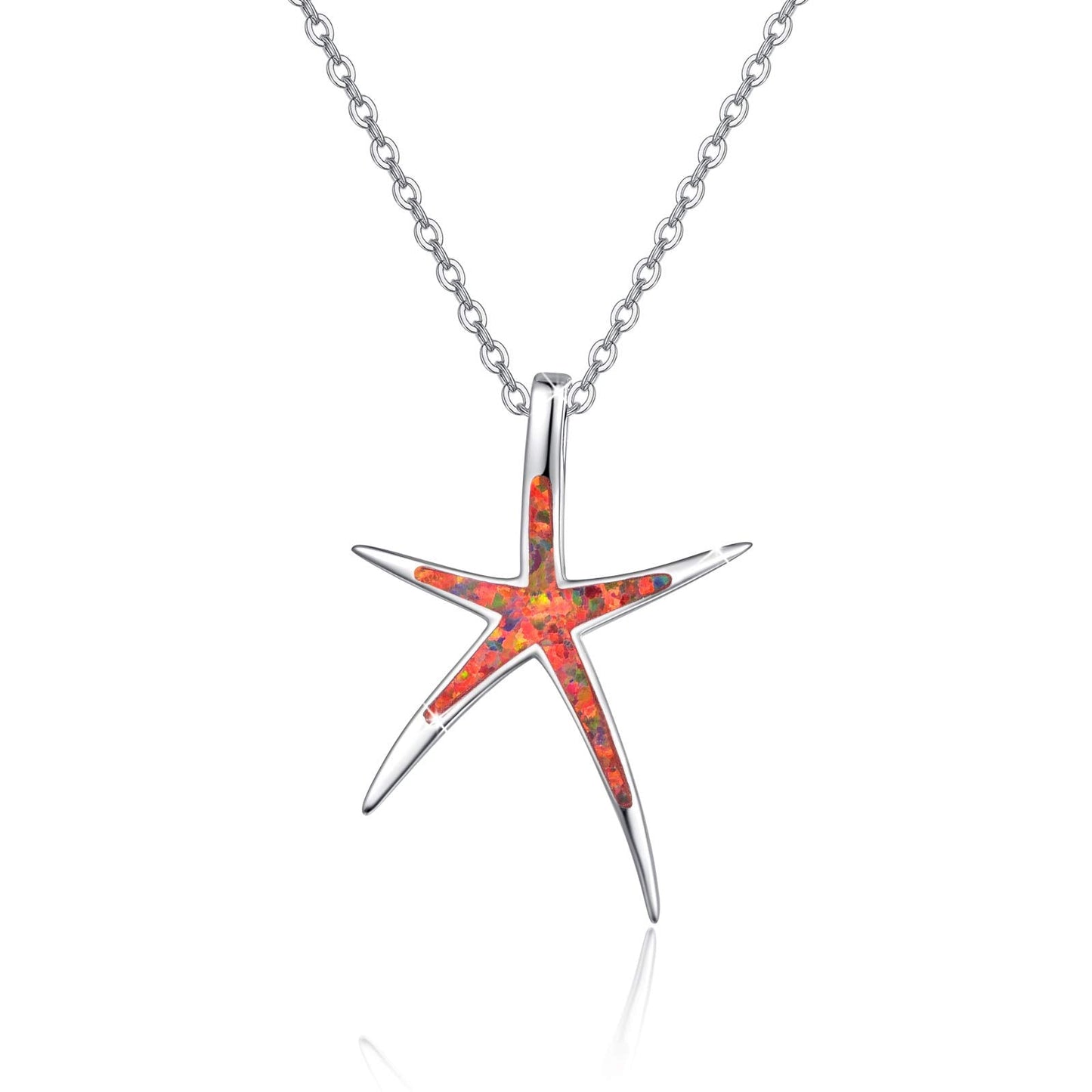 Cuoka Fire Opal Necklace 925 Sterling Silver Starfish Pendant Nautical Beach Sea Ocean Jewelry Valentine Gift for Women Girlfriend with Box