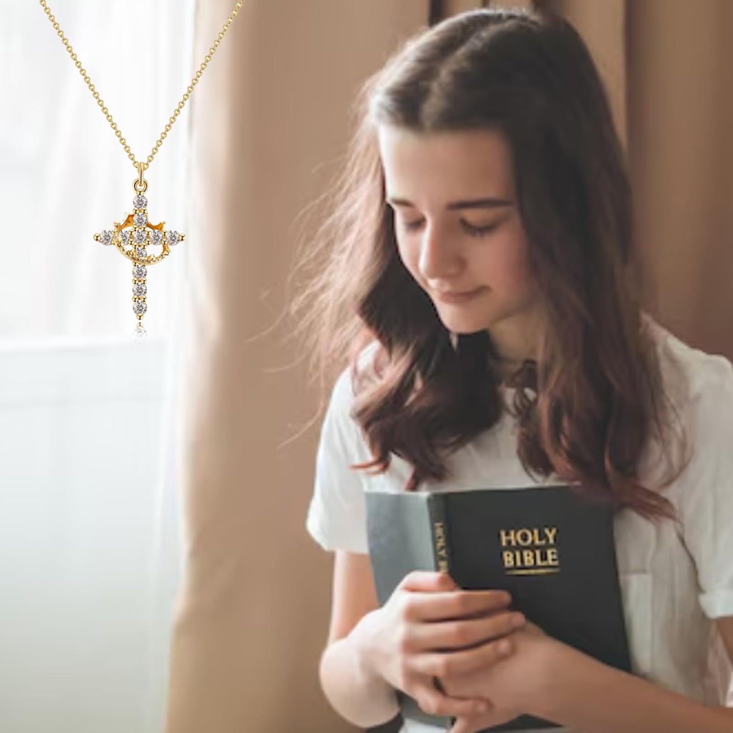 ZJCPJF Upgraded Crown Cross Necklace for Women, 14K Gold & Silver Plated with 12 Birthstone Colors, Faith Cross Pendant Jewelry for Baptism, First Communion, Birthday Gift