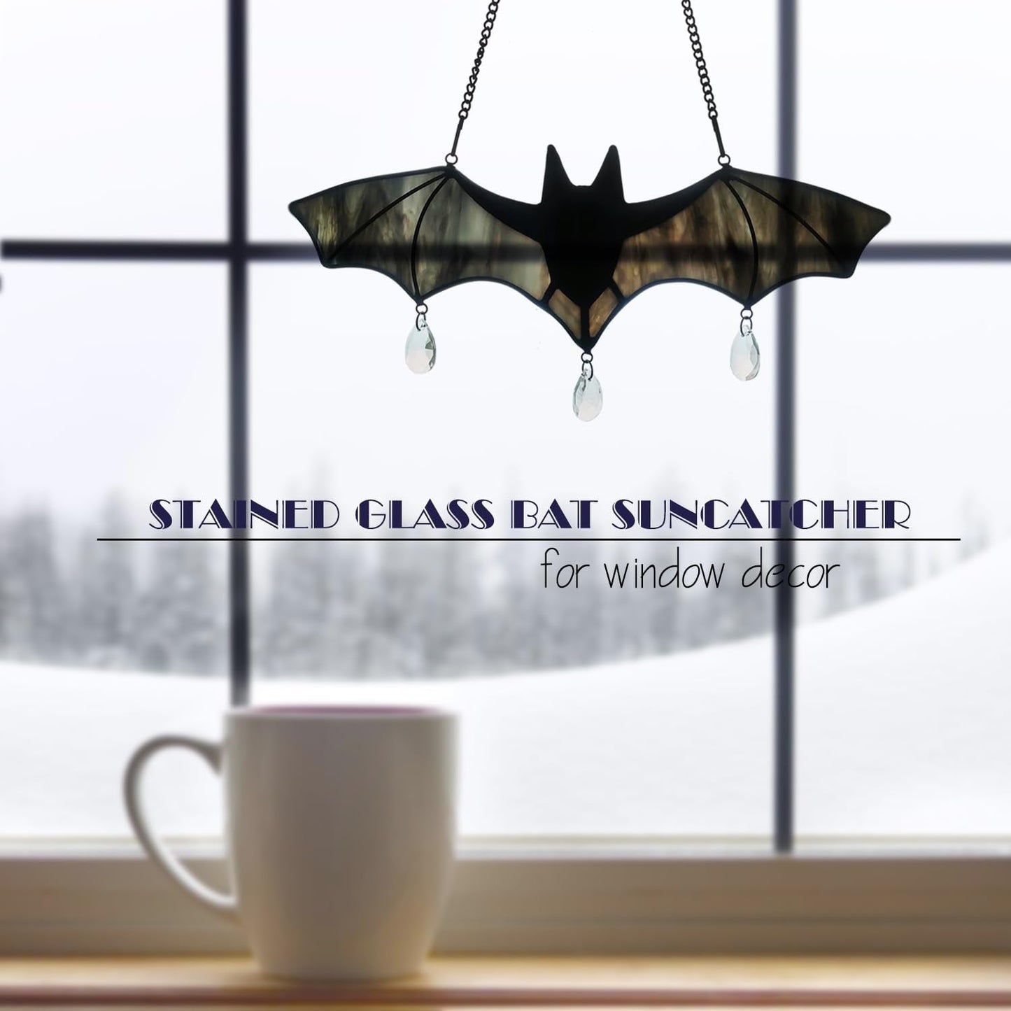 WeDcpcin Bat Stained Glass Window Hanging Sun Catcher (Grey) Halloween Decoration