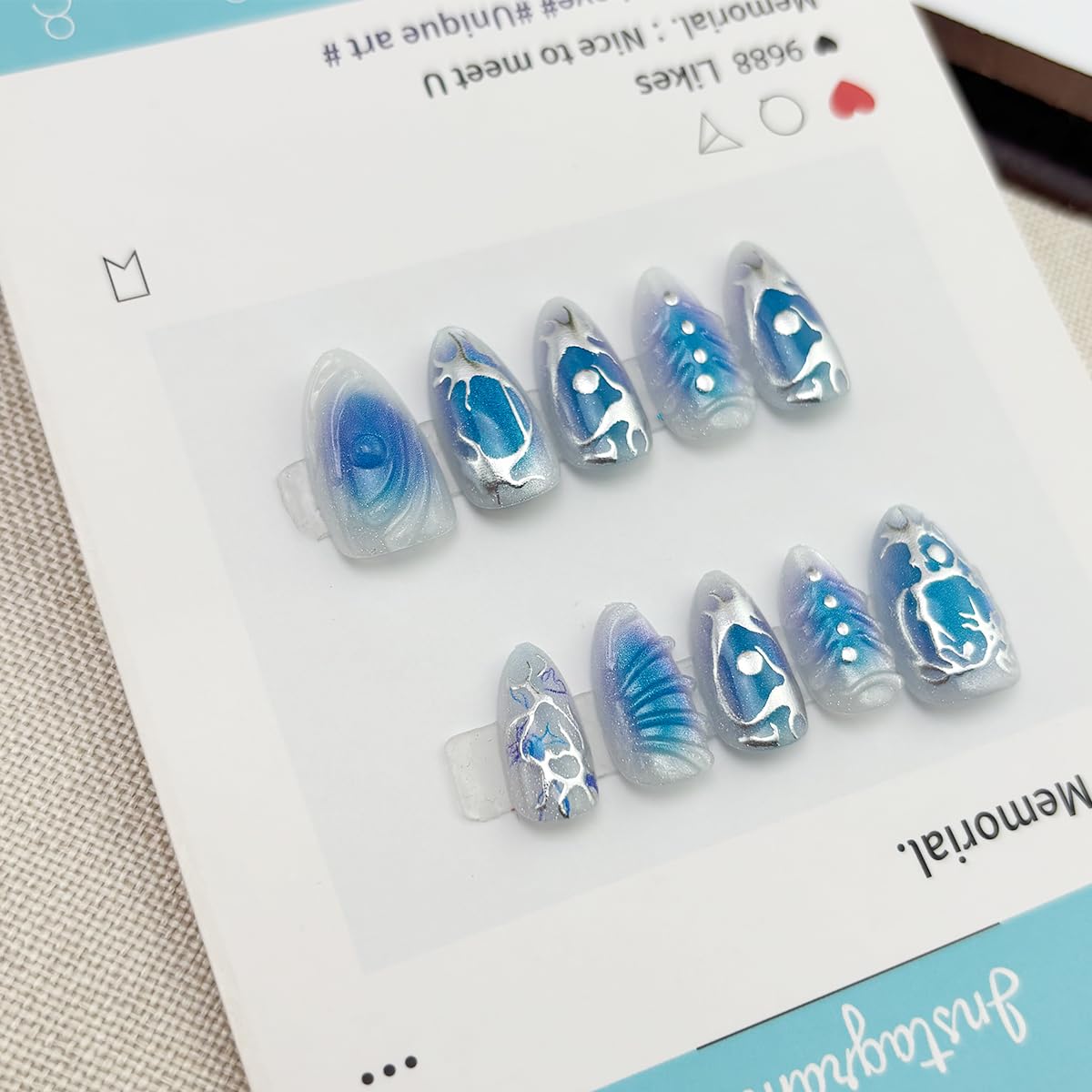 30Pcs Blue Almond Press on Nails Medium Fake Nails 3D Sliver Irregular Design Chrome False Nails Punk Sliver Acrylic Nails Full Cover Reusable Y2k Nails Glossy Blue Stick on Nails for Women