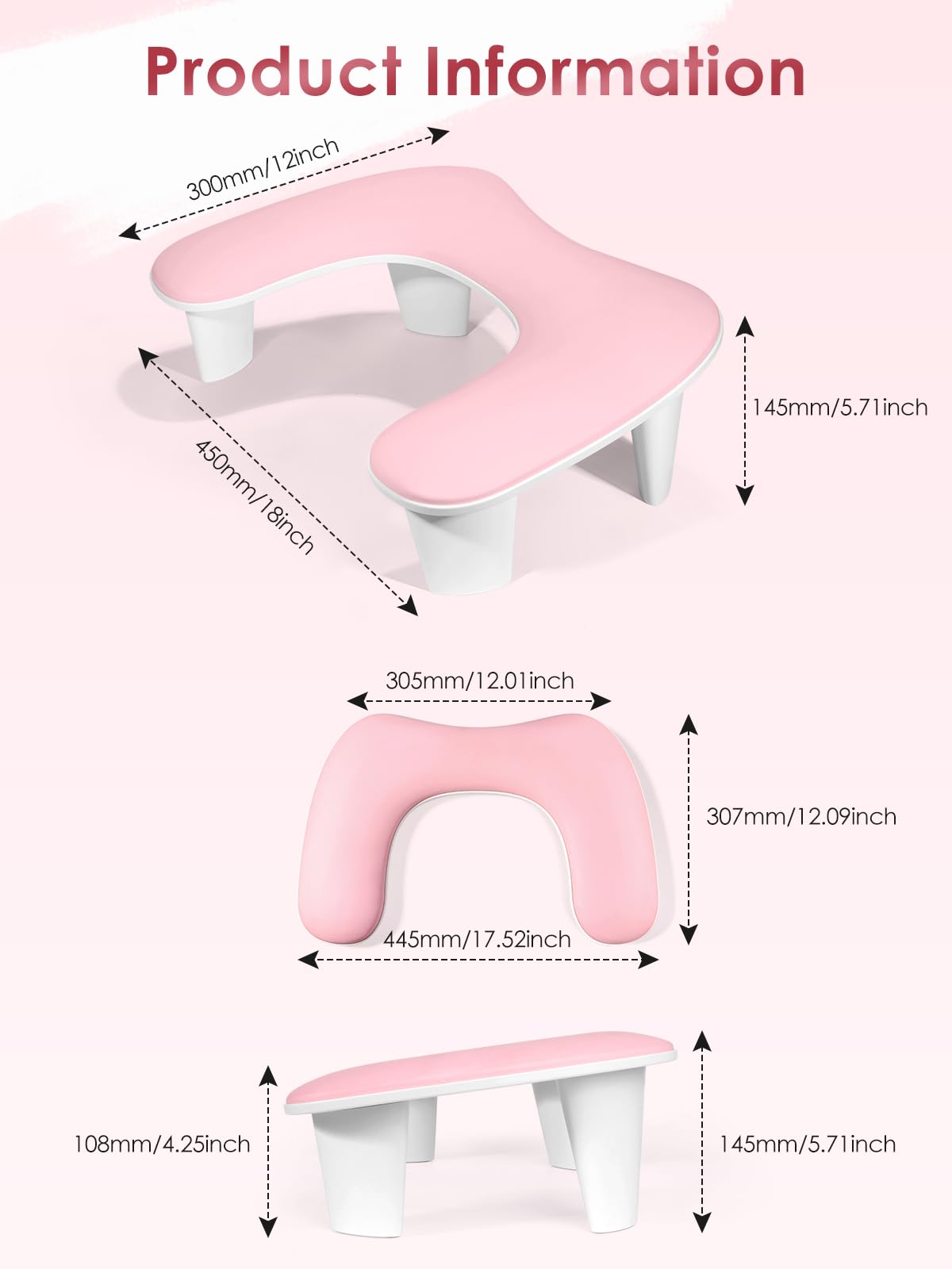 Arm Rest for Nails Tech - U-shaped Manicure Nail Hand Rest Pillow Cushion, Big Microfiber Leather Nail Arm Rest Stand for Acrylic Nail Art Tech (Pink)