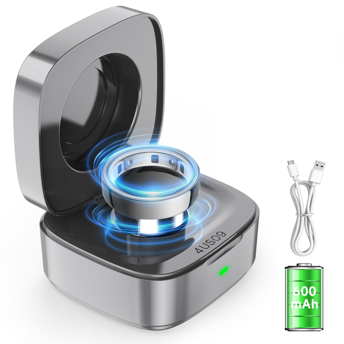 Wireless Charging Case Compatible with Oura Ring Gen 4 Charger Size 8, 600mAh Portable Travel Charging Box with USB-C Cable & Indicator Light, Essential for Smart Oura Ring 4 Users,Grey