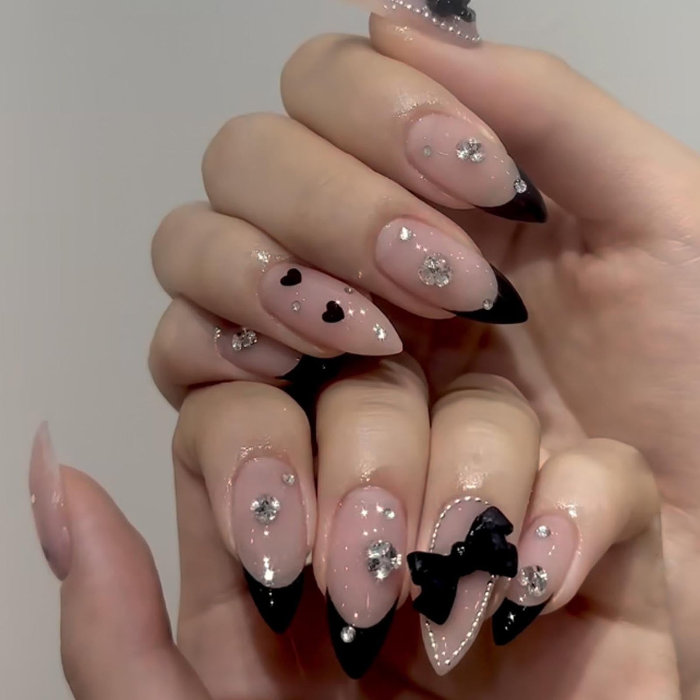 Hkanlre Medium Press on Nails Almond Tips Full Cover Fall Black False Nails Medium Nude Fake Nails for Women 24PCS