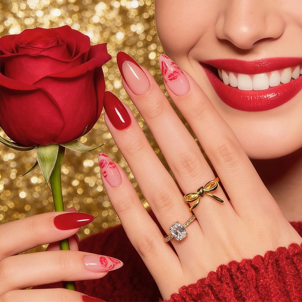 FJSMTOPl Valentine's Day Press on Nails - Red Fake Nails - Almond False Nails Press ons - Lips Acrylic Glue on Nails - Artificial Stick on Nail for Women Manicure 24 Pcs