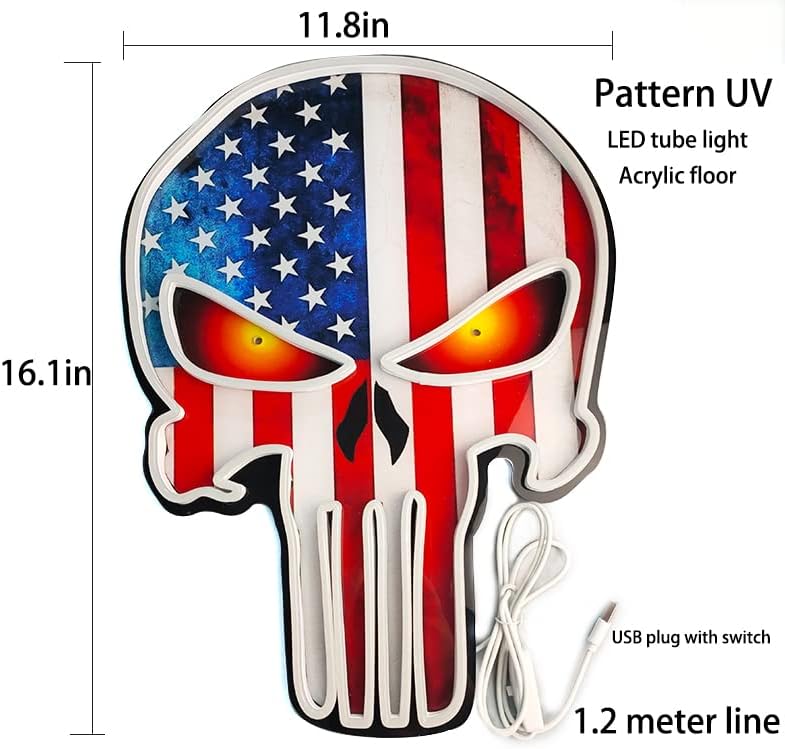 American Flag Skull Neon Sign – LED Wall Light for Game Room, Bar, Man Cave, Bedroom – USB or Battery Powered Acrylic Skull Decor for Halloween, Party, Retro Gaming Room