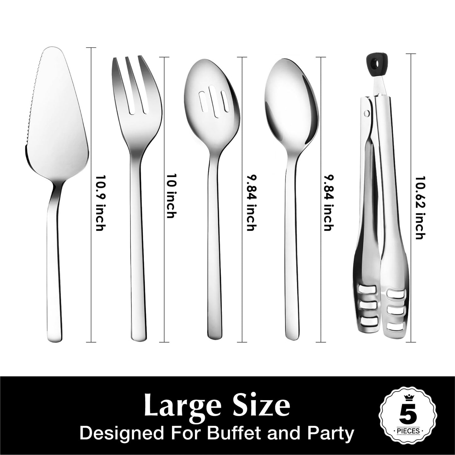 KINGSTONE Large Hostess Serving Utensils Set,18/10 Stainless Steel Heavy Duty 10inch Serving Spoons,Slotted Spoons,Serving Fork,Serving Tongs, Cake Pie Server For Buffet, Wedding, Party