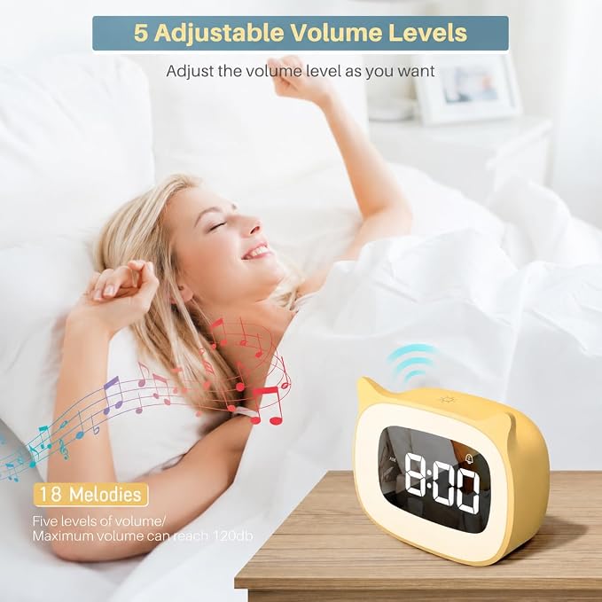 Cute Cat Ear Alarm Clock with Night Light for Bedroom,Yellow