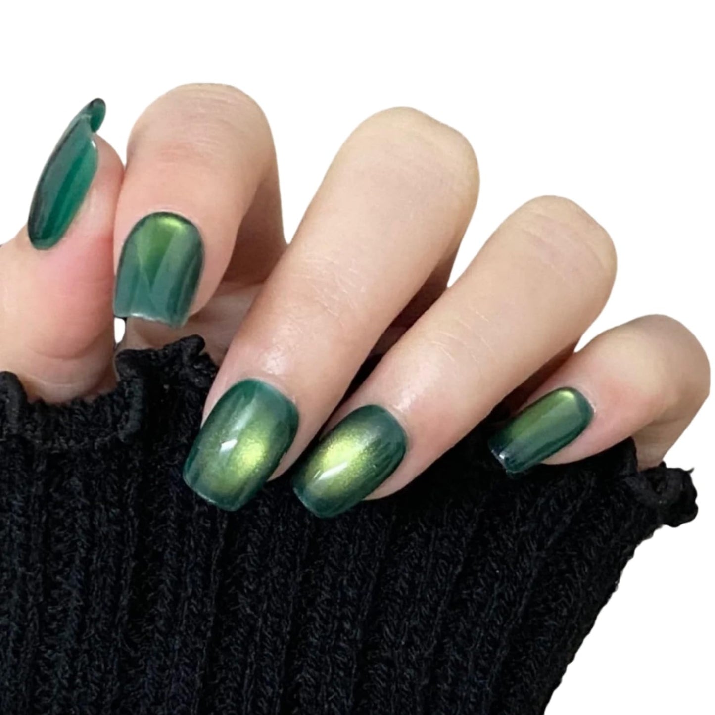 Cat Eye Press on Nails Handmade Short Oval/Square/Round False Nails with French Tip/Aurora/Magnetic Shimmer Designs (Jelly#Square Emerald, Small)