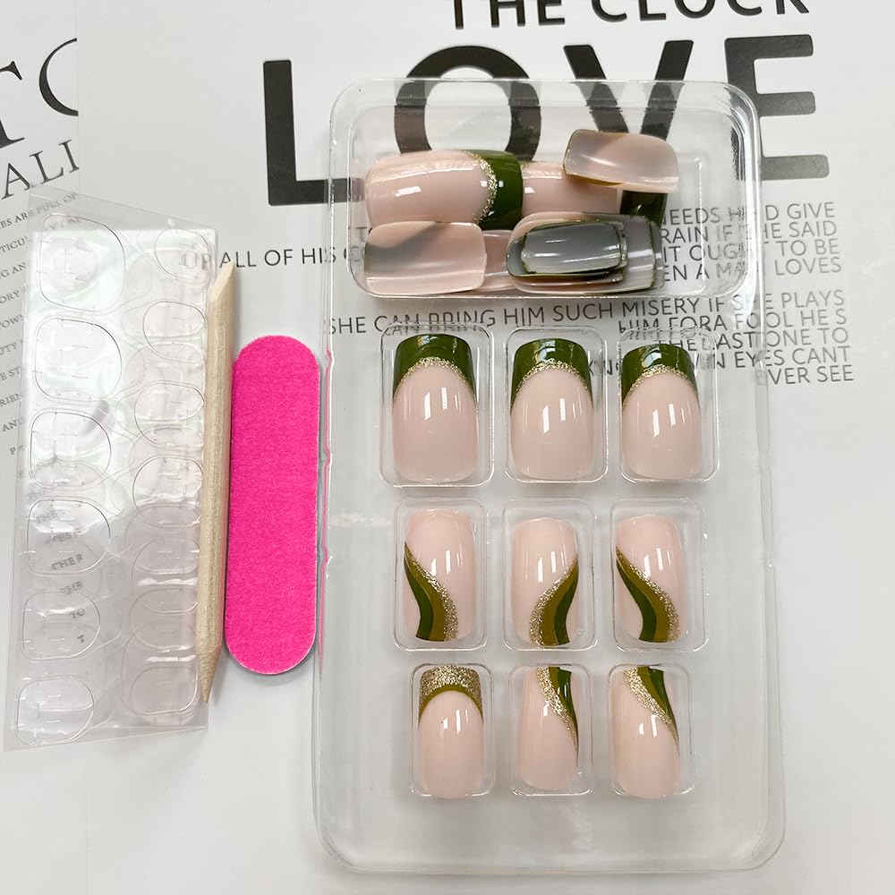 Green Press On Nails - Short Square Gold Glitter False Nails with Swirl Designs, Glossy Finish, Full Cover Acrylic Stick On Coffin Nails for Women, 24 Pcs
