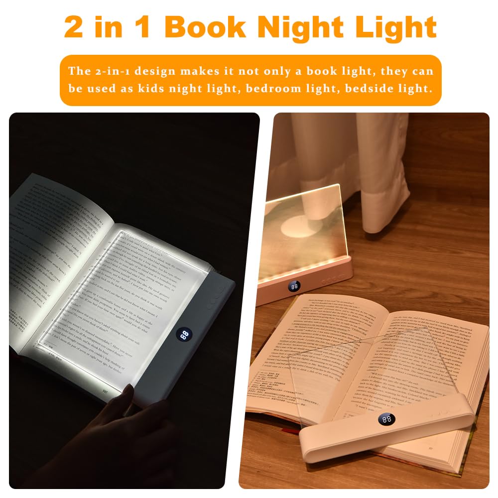 Book Light, Rechargeable Clear LED Flat Reading Light with 3 Colors & Timer, Dimmable Panel Plate Lamp Book Full Page Light for Reading in Bed at Night, Funny Gifts for Readers Kids Women Men (Pink)
