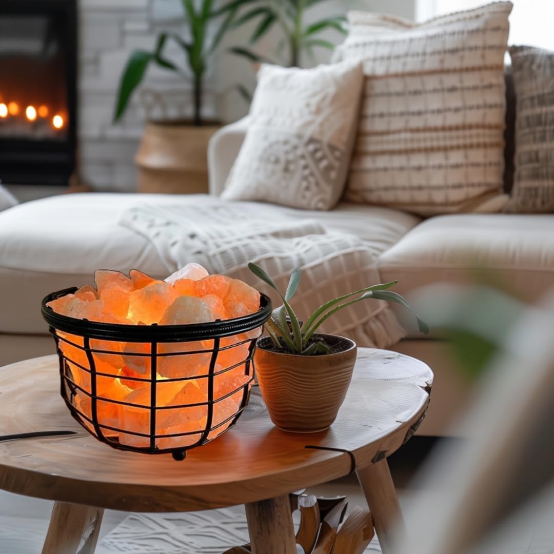 Himalayan Salt Lamp, Metal Basket with Chunks, Natural Salt Lamp, Unique Gift Idea (Metal Round 2)