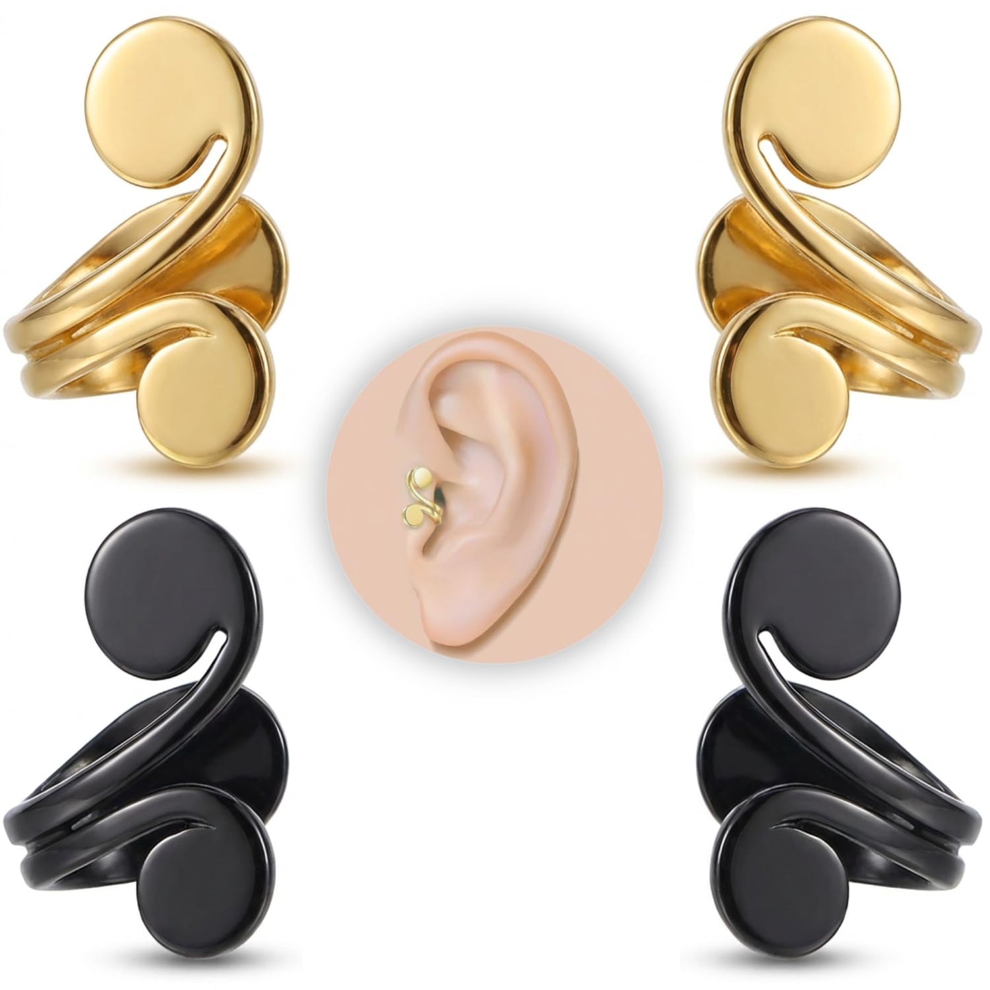 15mm & 10mm Keloid Pressure Earring Set for Women and Men | Clip on Compression Earrings for Swelling | Acupressure Earrings for Her (Acupressure Gold & Black)