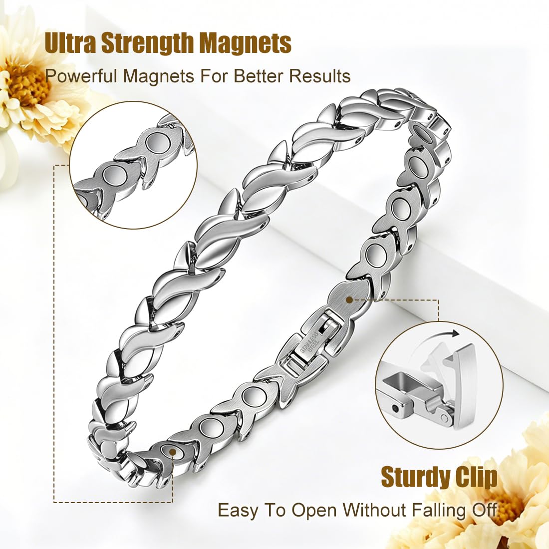 Vicmag Magnetic Bracelet for Women, Titanium Steel Bracelet with Ultra Strength Magnets, Waterproof & Adjustable, Jewelry Gift with Sizing Tool(Silver Fishtail)