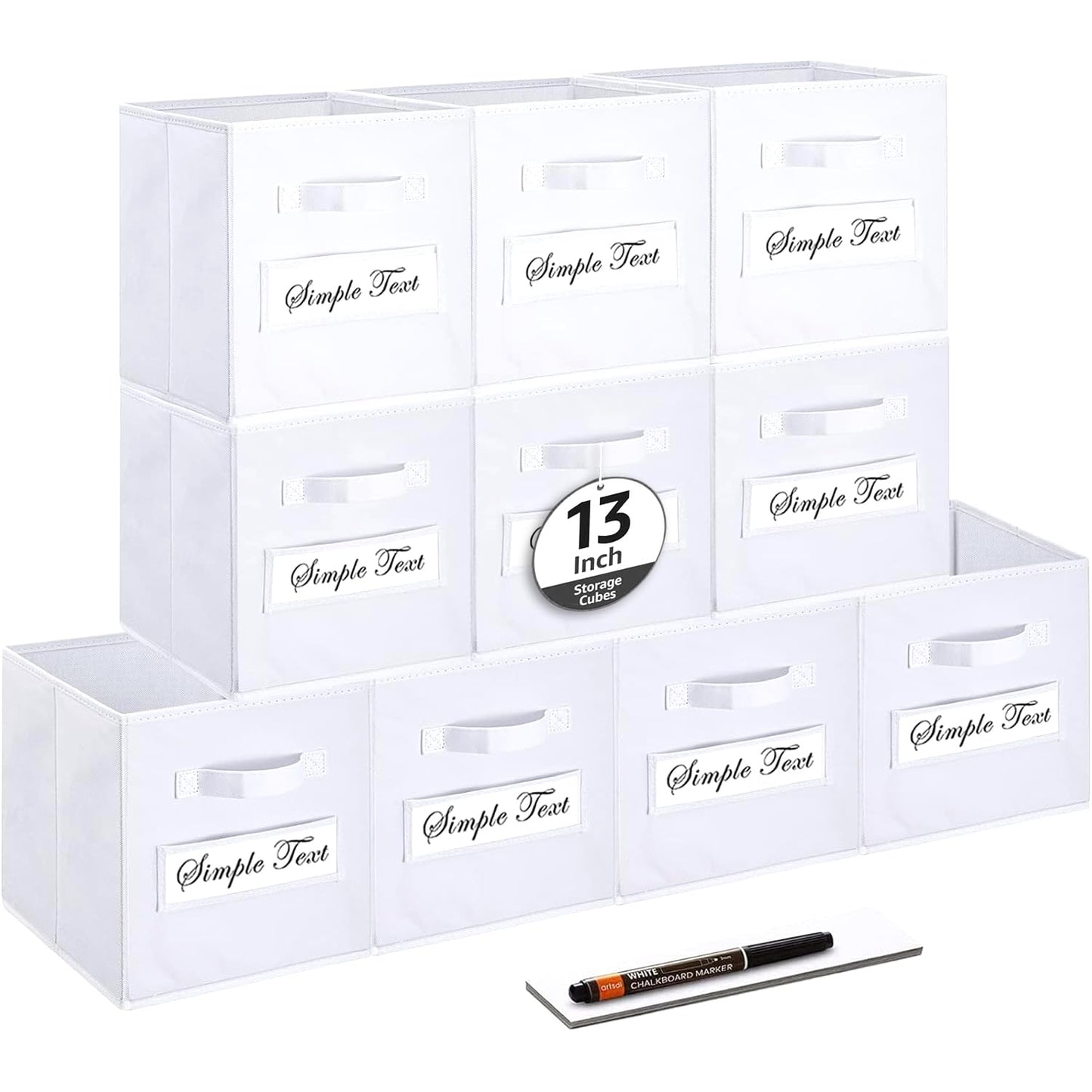 artsdi 13x13x13 storage cube bins (Set of 10) Fabric storage cubes with 10 Labels Window Cards & a Pen, storage cubes 13x13, Collapsible 13 inch cube storage bins, Cubby Organizer Boxes, White