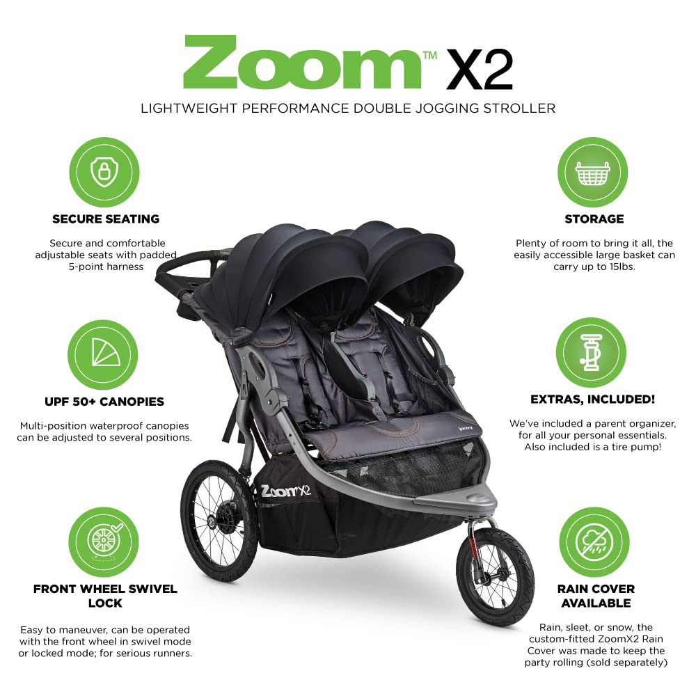 Joovy Zoom X2 Lightweight Performance Double Jogging Stroller Featuring Extra-Large Pneumatic Tires with Air Pump Included, Locking and Swiveling Front Tire, and Easy One-Handed Fold, Forged Iron