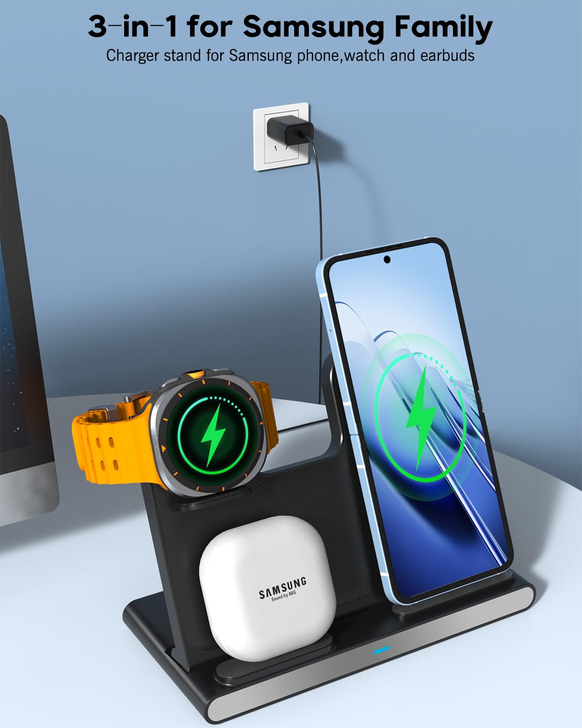 3 in 1 Wireless Charger Fast Charging Stand for Samsung, 15W Foldable Phone Charger Stand Android Charging Station for Samsung Galaxy S25/S24/S23 Ultra,Z Flip 6/Flip 7,Z Fold 6/Fold 7,iPhone 17/16/15