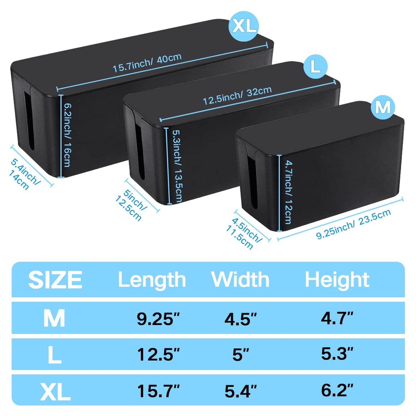 Cable Management Box, 3 Pack Cord Organizer Boxes with 33 PCS Cable Management Set to Cover Hide Power Strip, Surge Protector Under Desk & on Floor, Wire Concealer for Home Office Computer TV (Black)