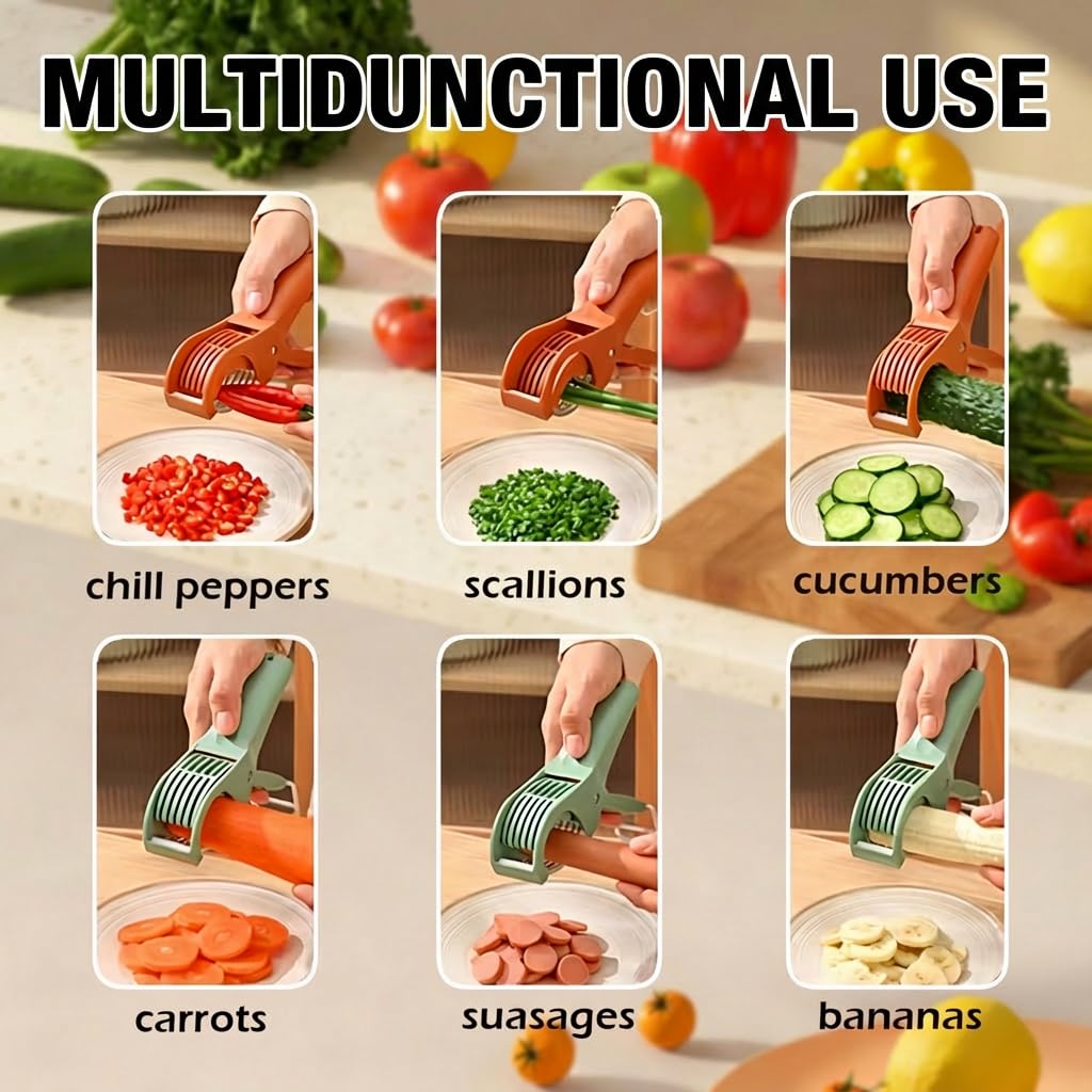 2 Pcs Multifunctional Fruit and Vegetable Slicer with 2 Portable Hooks, 2026 Upgraded Food Manual Slicer, Ideal for Banana, Sausages, Cucumbers, Strawberries, Essential Stuff for Kitchen or Camping