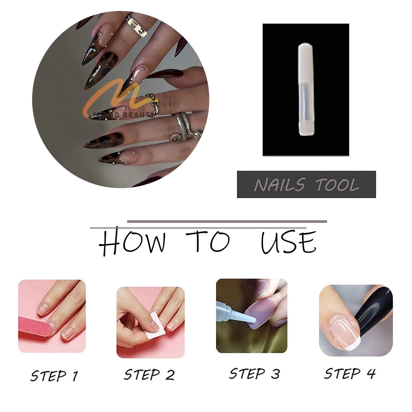 MISUD Press on Nails - Long Stiletto Glue on Nails with Fall Brown, Acrylic Tortoise Design 24 pcs