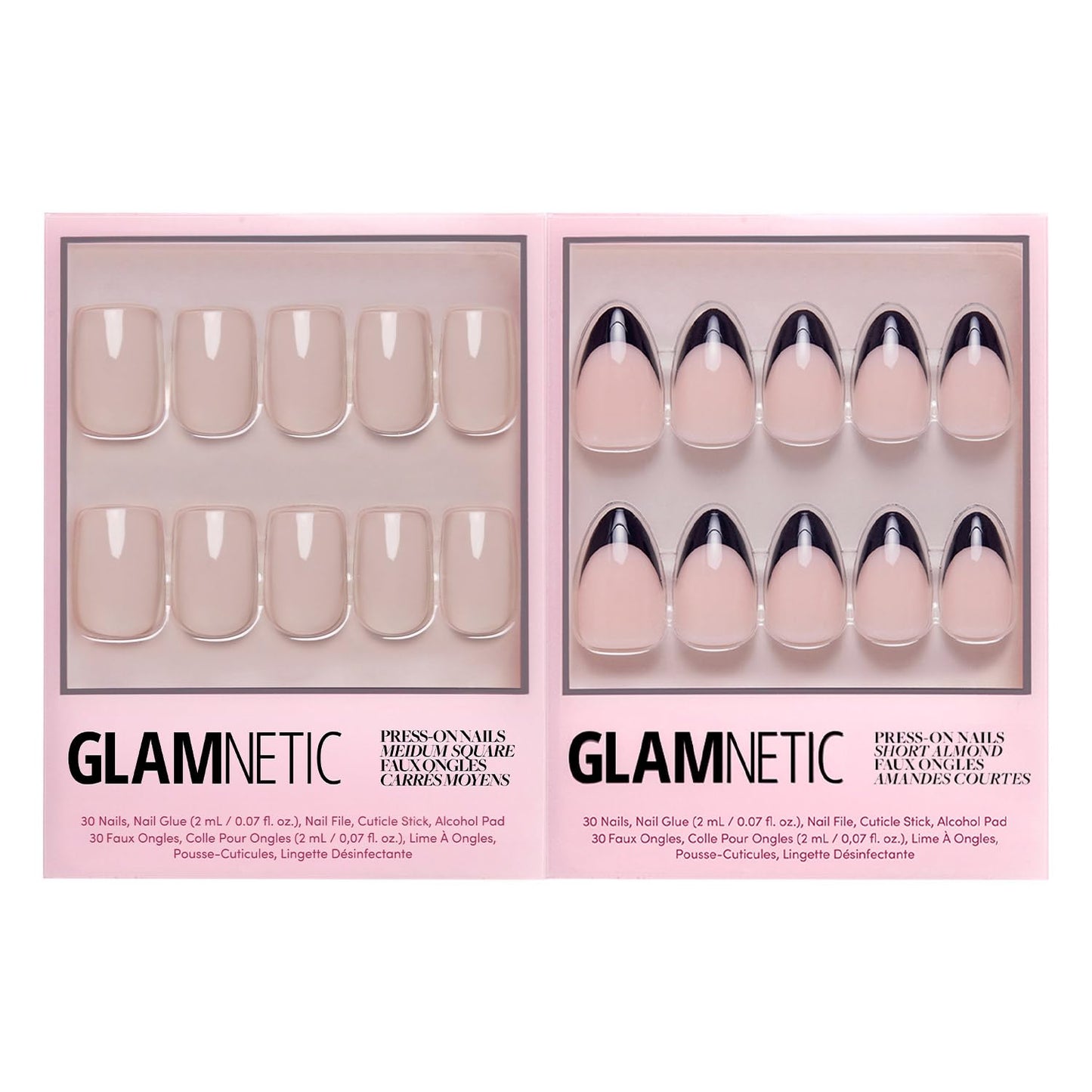 Glamnetic Press-On Nails Bundle - Bare Bliss & Caviar | Medium Square Fake Nails, Nude Opaque Neutral | Short Almond Black French Tip False Nails | Durable, Salon-Quality Nail Kits