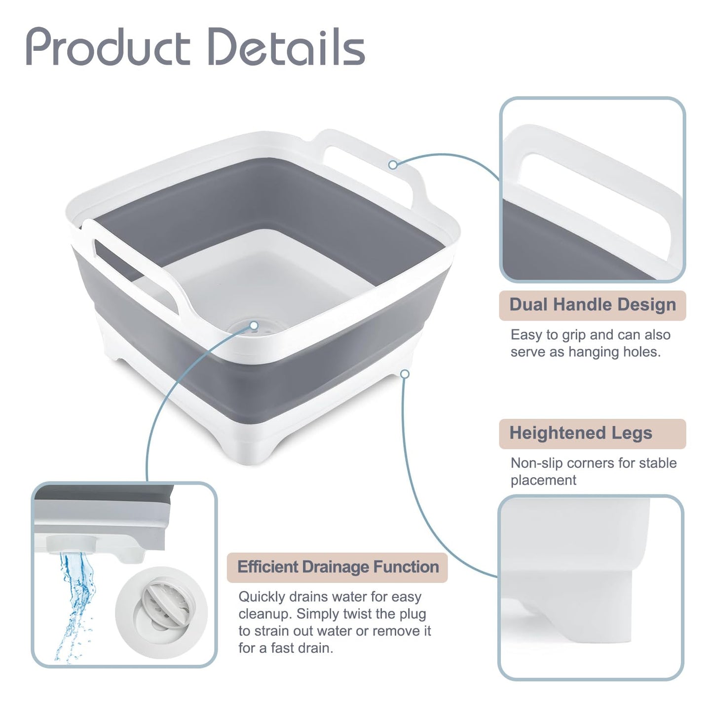 2.4 Gal(9L) Collapsible Dish Basin with Drain Plug, Space Saving Outdoor Multiuse Foldable Sink Tub, Dishpan, Kitchen Storage Tray for Camping, Vegetable Washing, RV (Gray)