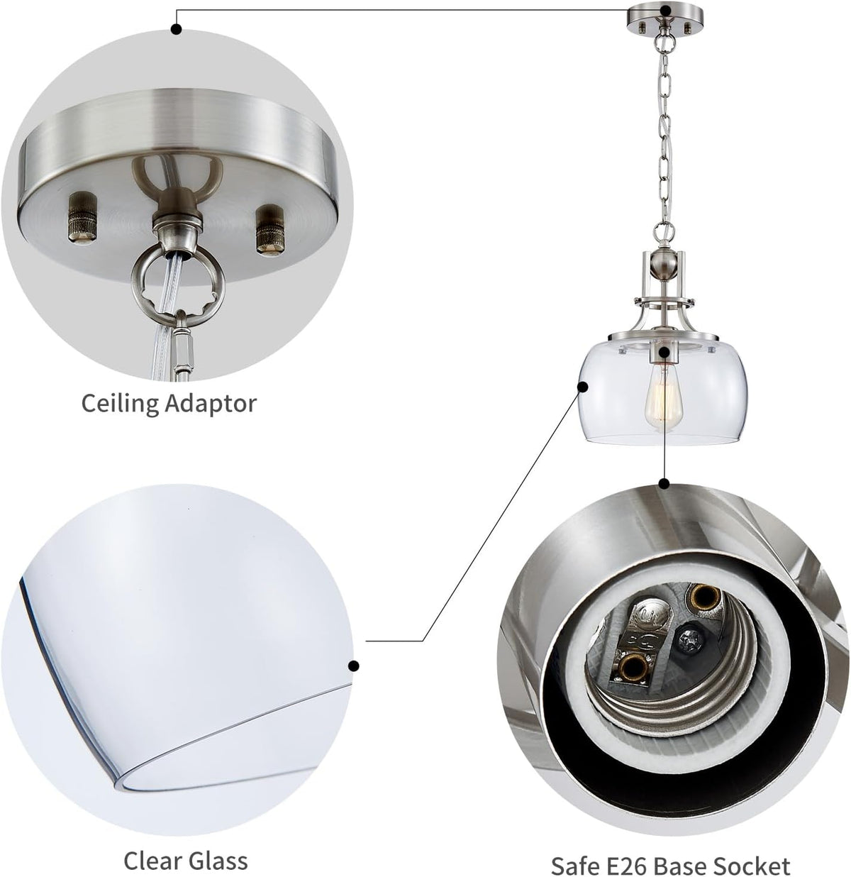 WUZUPS Chandelier Rustic Farmhouse Industrial Round Ceiling Pendant LED Light Fixture with Clear Glass Shades for Dining Room Kitchen Island Foyer Entryway, H 13" x W 10", E26 Base, Brushed Nickel