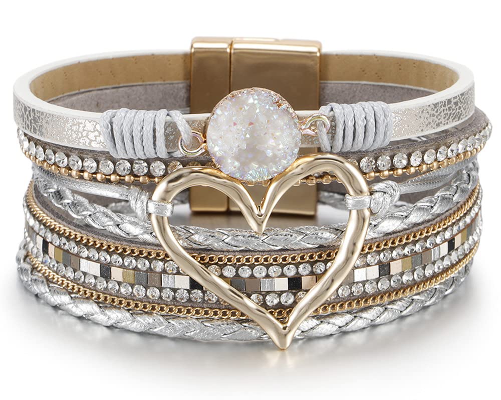 Leopard Bracelet for Women, Boho Leather Wrap Multi-Layer Pearl Crystal Bracelet Bangle Jewelry (Heart Leather2)