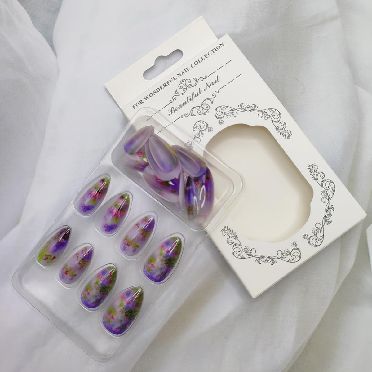 PODUOJIEYI 24Pcs Almond Press-On False Nails with Pink Lotus Flower Design, Glossy Purple Gradient Acrylic Artificial Nails for Women Manicure Salon