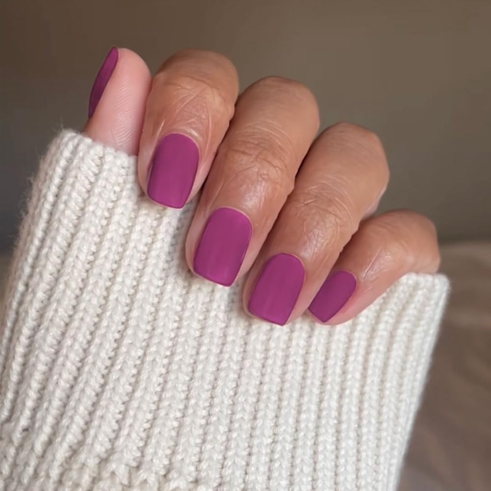 Matte Pulm Press on Nails Short Square Fake Nails Short Square Nails Press ons, Soft Gel Acrylic Glue on Nails Stick on for Women Thick Solid Color 24pcs